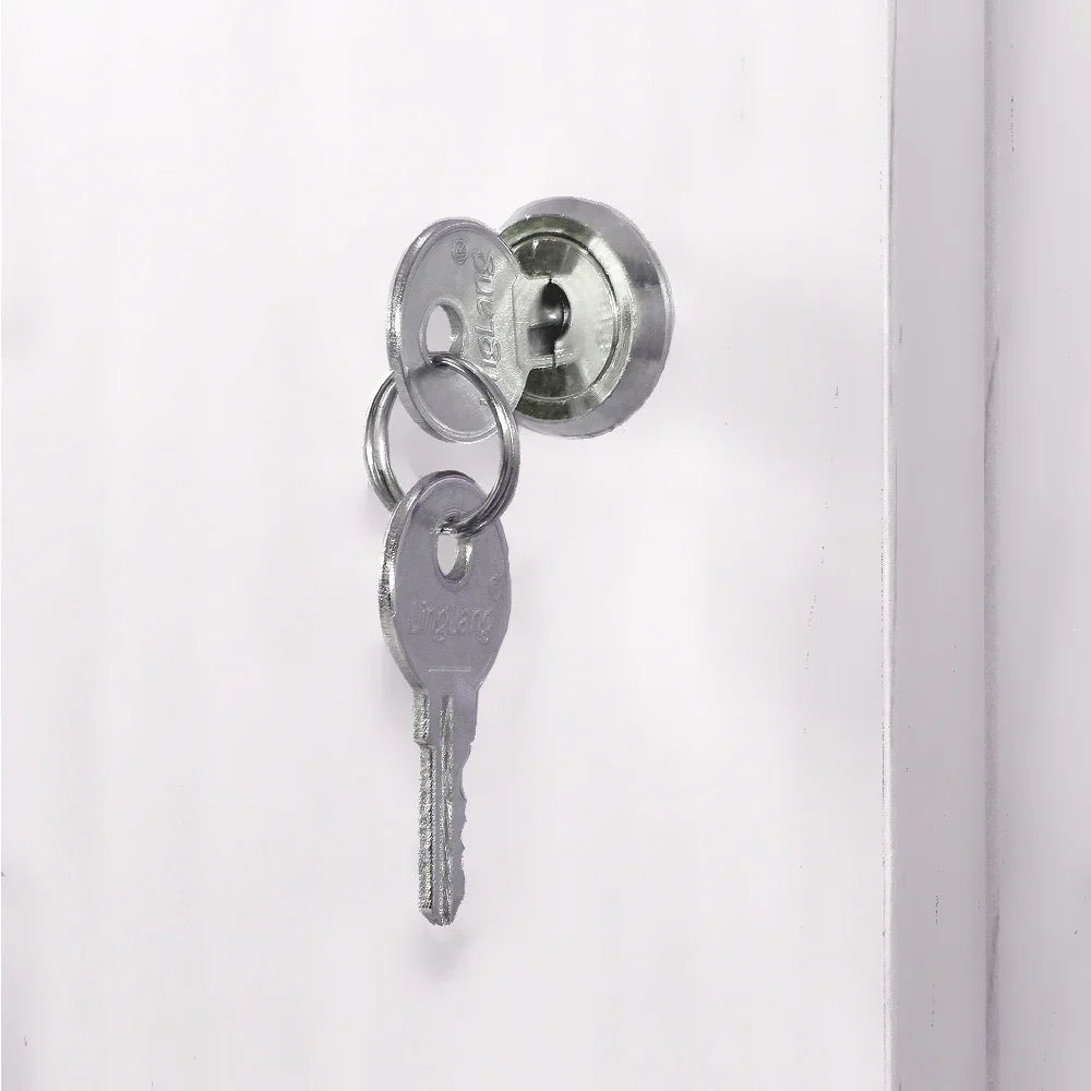 Brilliant white retail display set with a sleek design, featuring a keyhole and keys for secure access and modern appeal