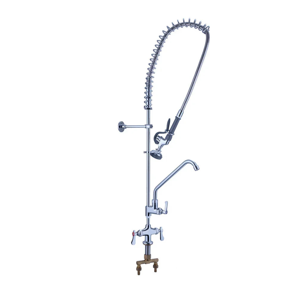 KuKoo commercial sink with right-hand drainer, featuring a chrome pre-rinse tap, flexible hose, and sturdy brass fittings