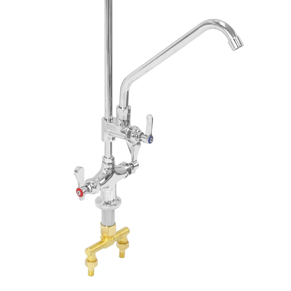 KuKoo commercial pre-rinse tap with chrome finish, dual control levers, and brass base, designed for left-hand drainer sinks