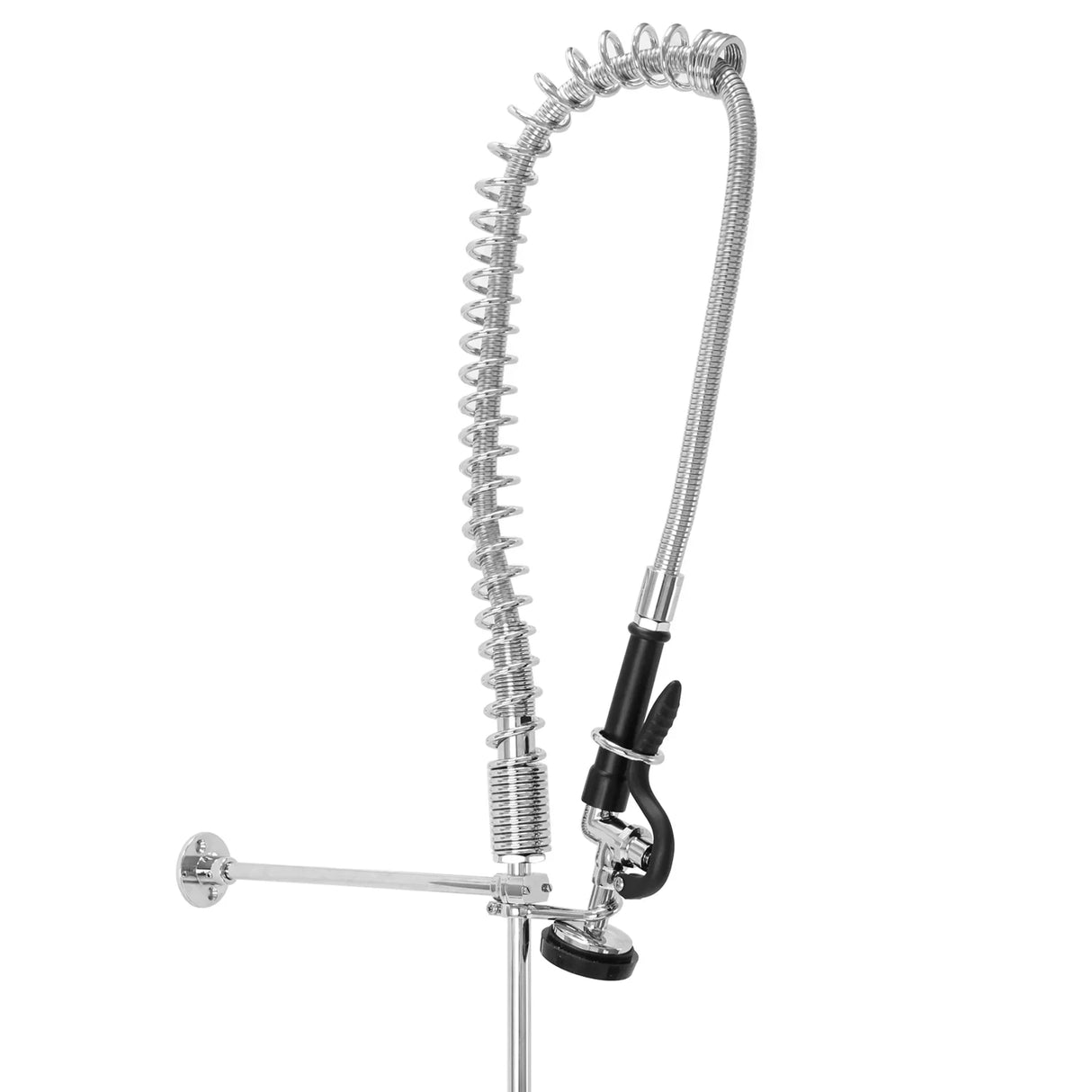 Commercial pre-rinse tap with a flexible chrome coil hose and black spray nozzle, designed for efficient kitchen cleaning tasks