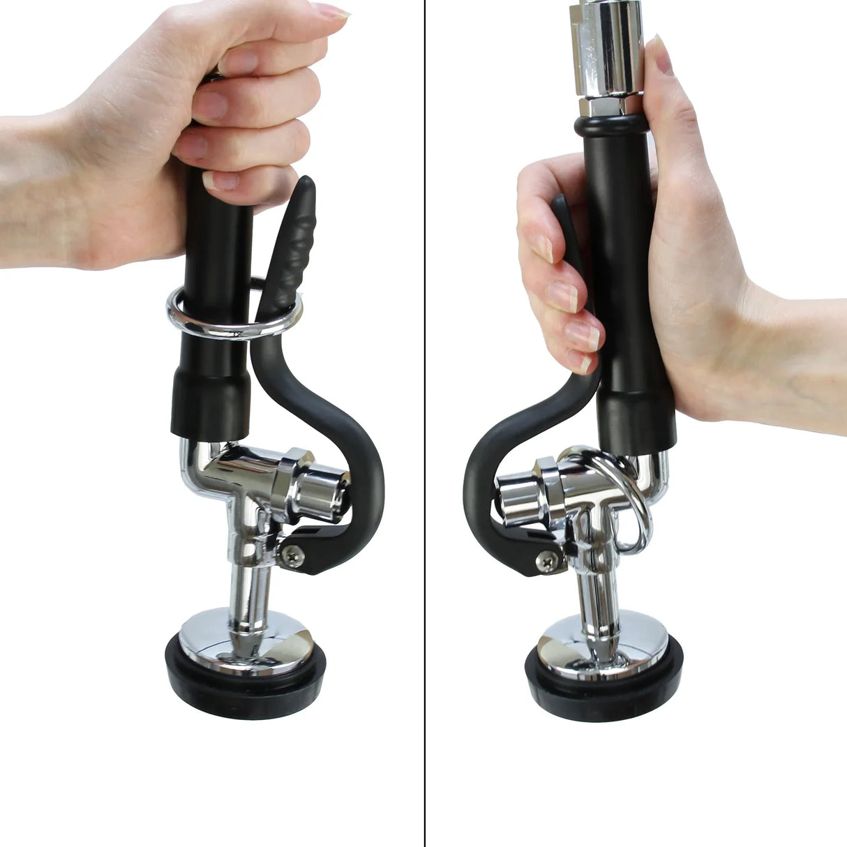 Commercial pre-rinse tap with a sleek chrome finish, featuring a black ergonomic handle for easy grip and control