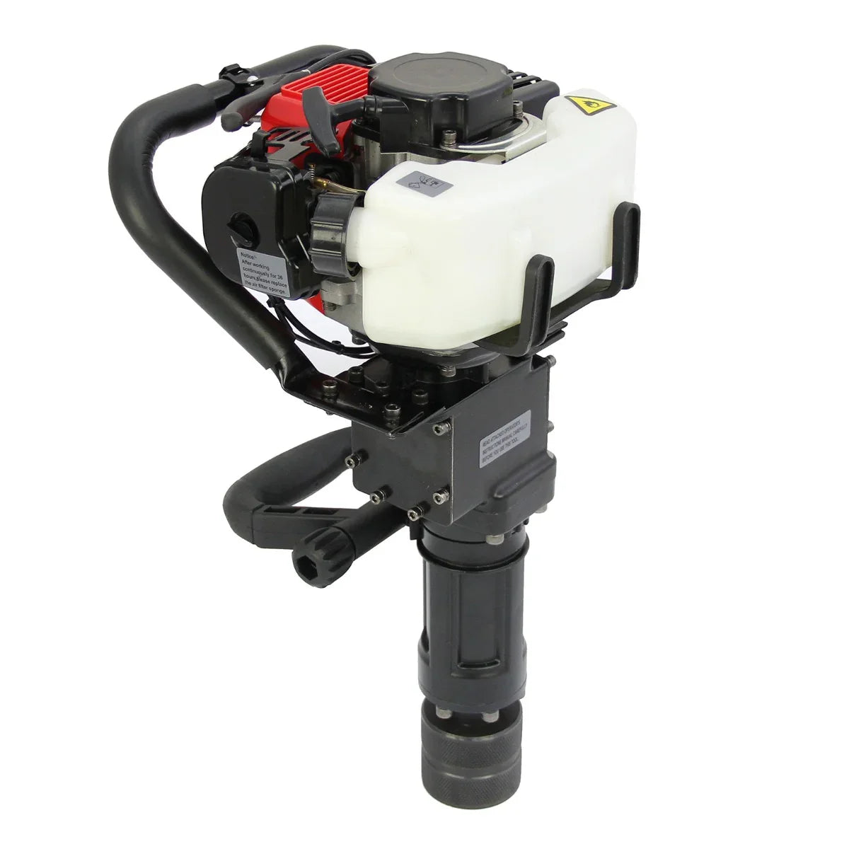 T-Mech Earth Auger features a powerful 2-stroke engine, durable black and white design, and ergonomic handle for easy operation