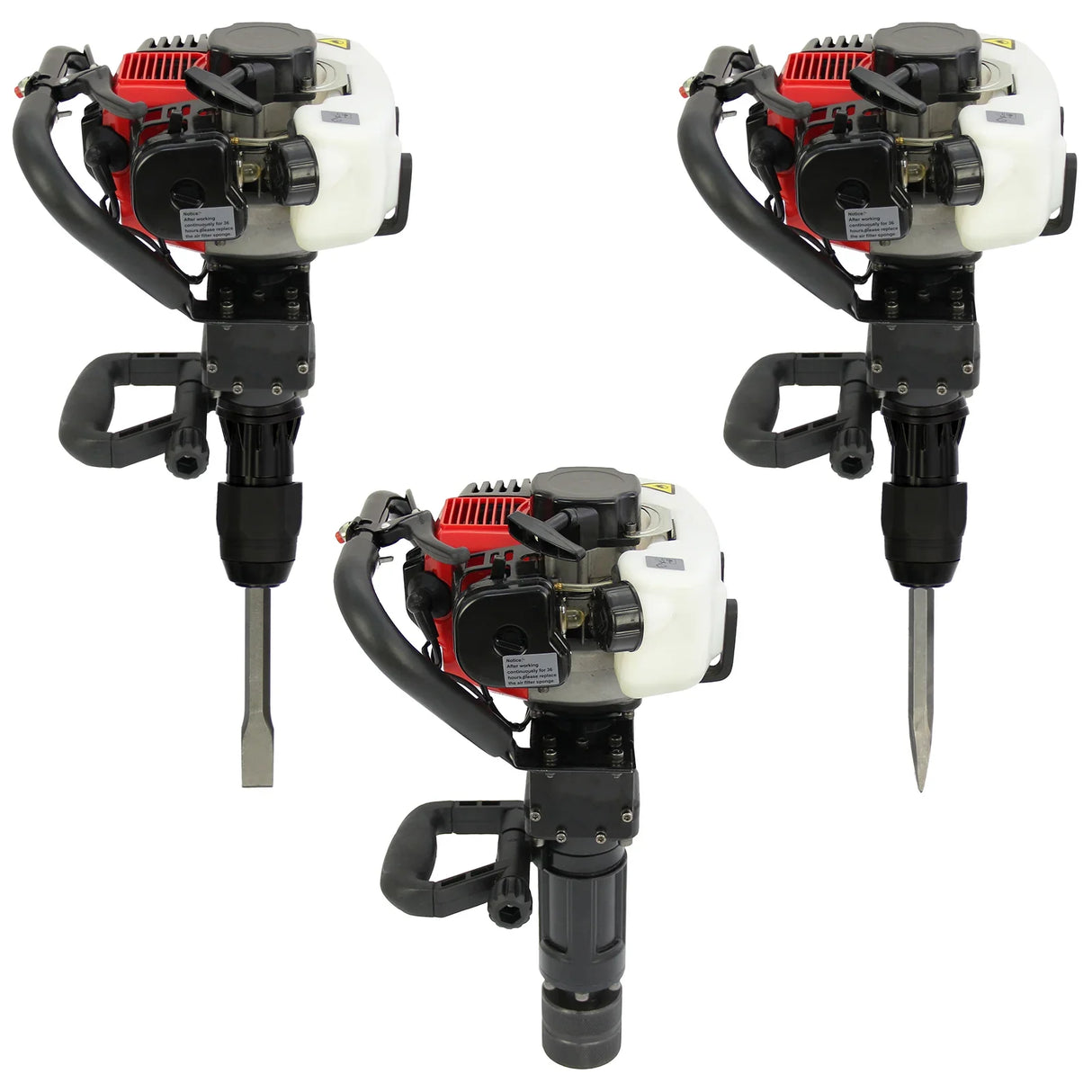 T-Mech 2-Stroke Petrol Post Driver featuring a durable black handle, red accents, and interchangeable drill bits for versatile use