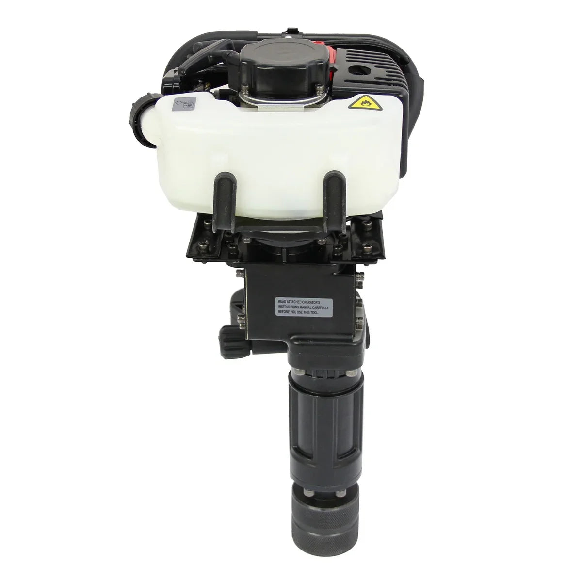 T-Mech Earth Auger with a black and white 2-stroke post driver, featuring a sturdy grip and fuel tank for efficient digging and driving