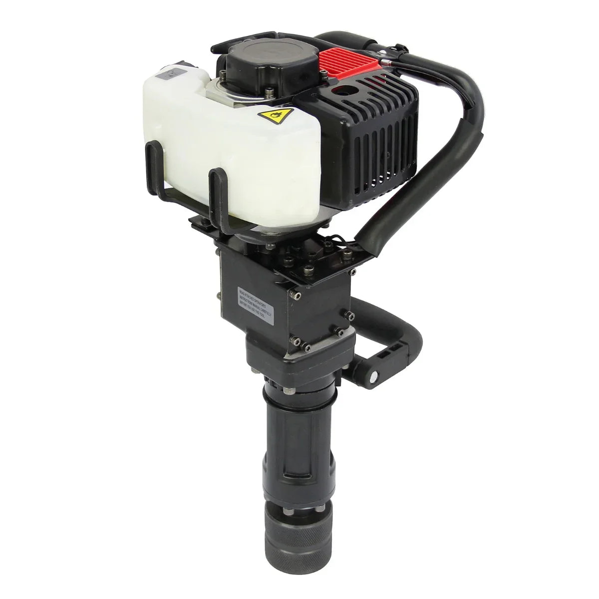T-Mech Earth Auger with 2-Stroke Post Driver, featuring a black and white body, sturdy handle, and powerful engine for efficient digging