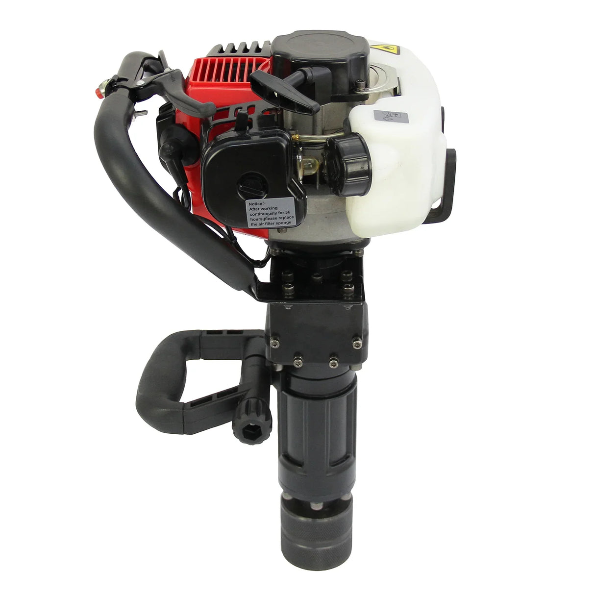 T-Mech 2-Stroke Petrol Post Driver with red and black engine, white fuel tank, and sturdy black handle for easy operation