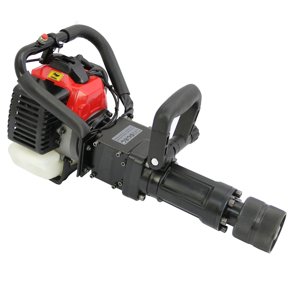 T-Mech 2-Stroke Petrol Post Driver featuring a red and black engine, sturdy handle, and cylindrical driving shaft for efficient ground installation