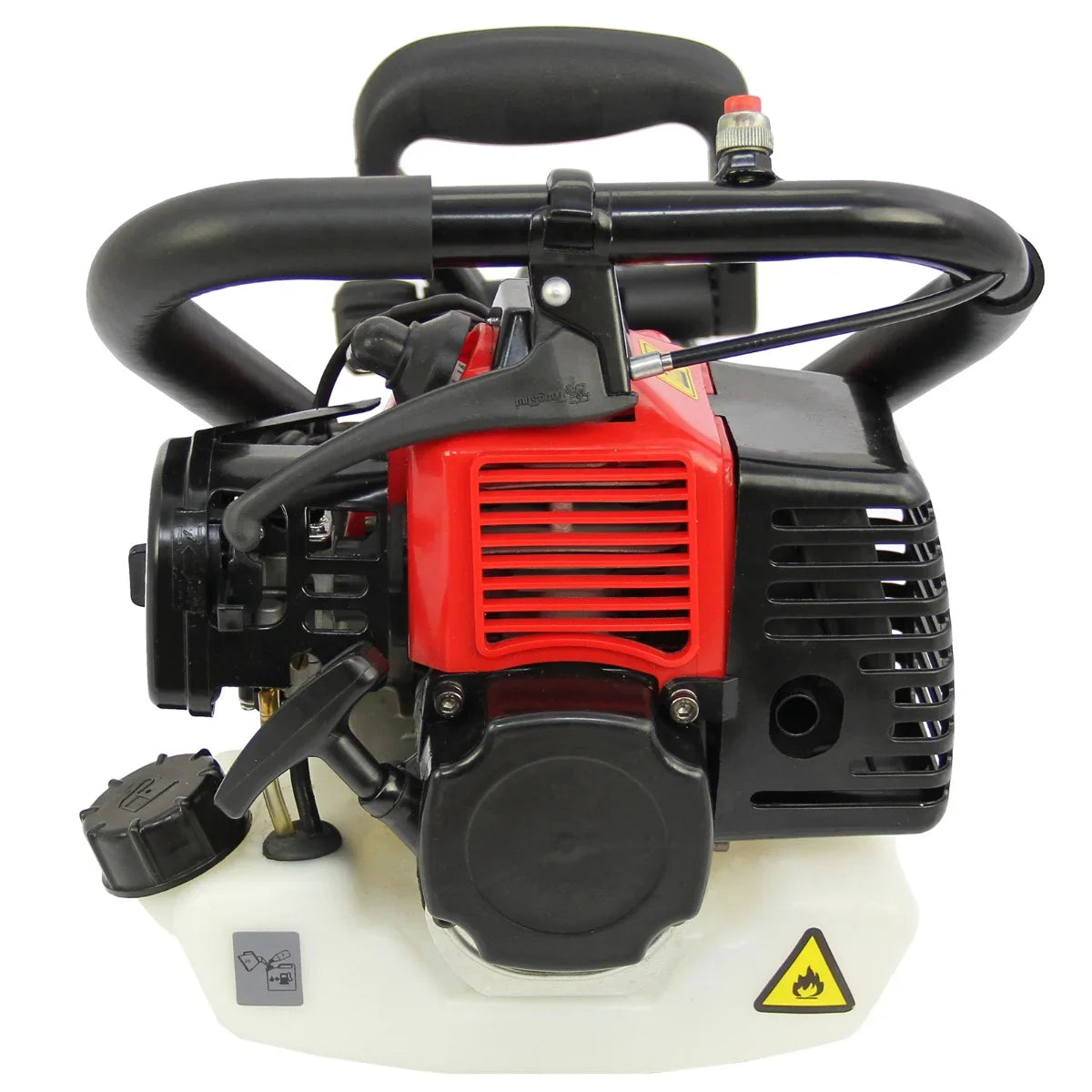 T-Mech Earth Auger features a powerful 2-stroke engine with a red and black design, compact size, and ergonomic handle for easy operation