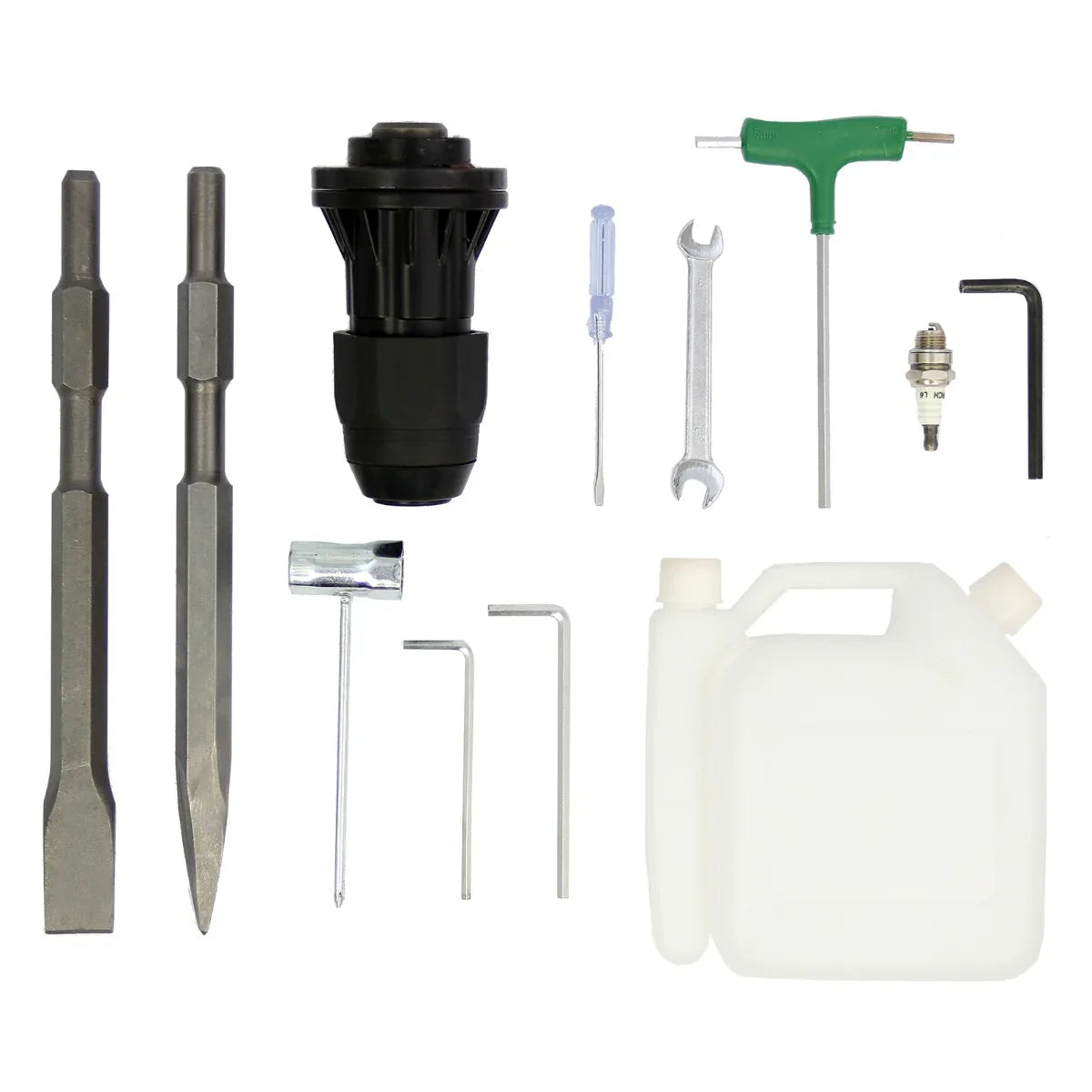 T-Mech Earth Auger and 2-Stroke Post Driver accessories including drill bits, wrenches, and a fuel container arranged neatly