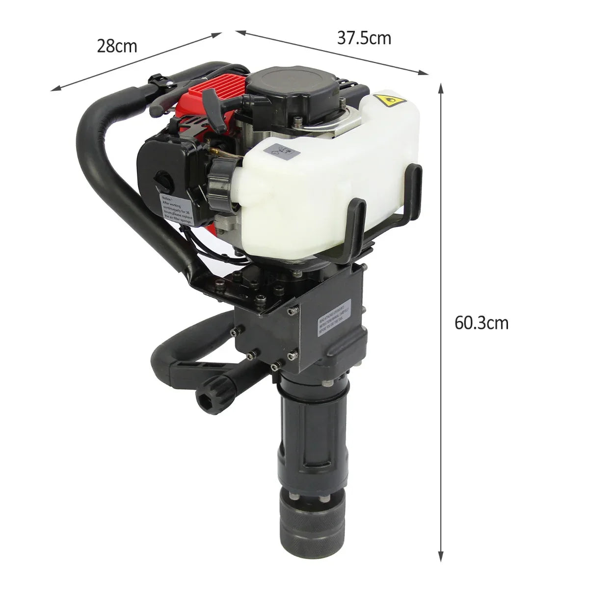 T-Mech Earth Auger with 2-Stroke Post Driver, featuring a black and silver design, compact size, and durable construction for efficient drilling