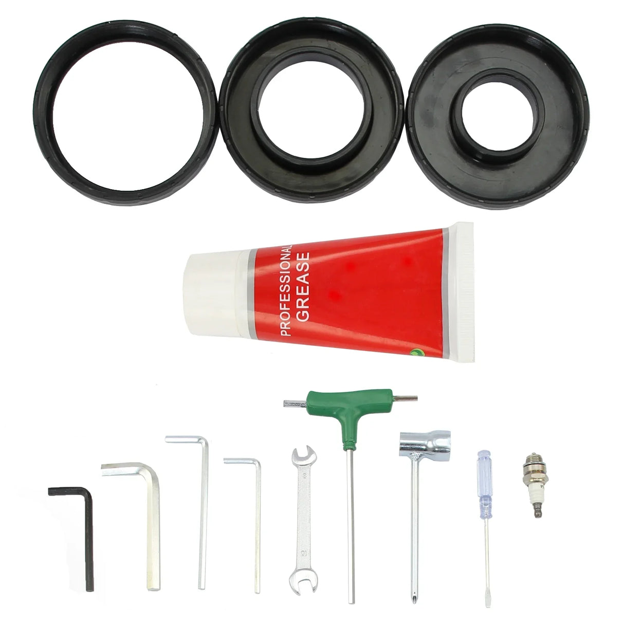 Replacement parts for Earth Auger and 4 Stroke Post Driver, including seals, grease tube, and various tools for maintenance