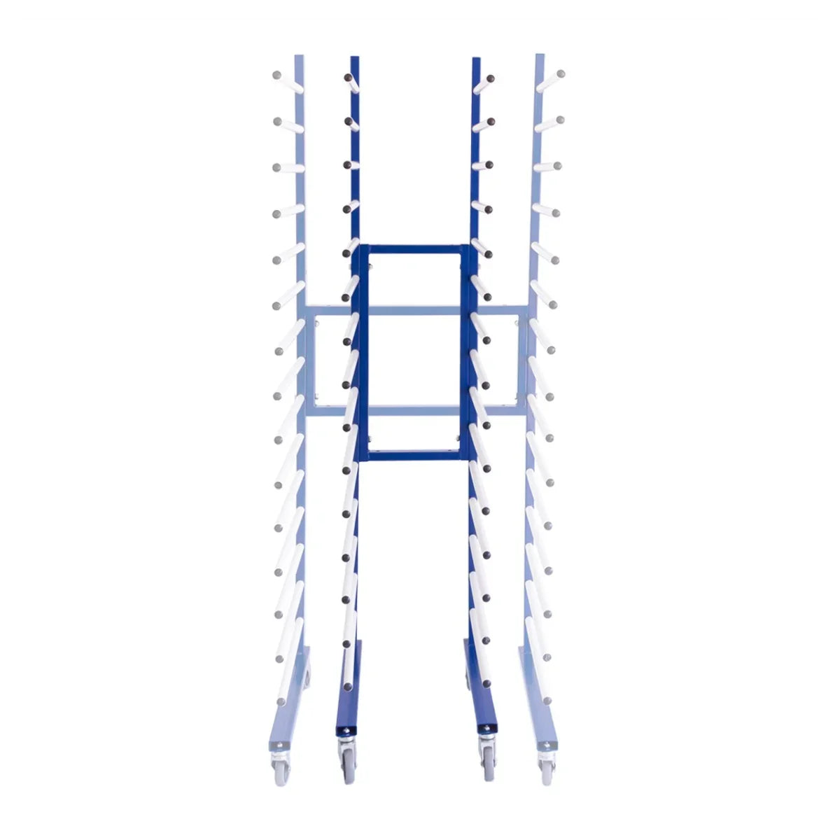 Monster Racking Spray Drying Rack Trolley in blue and white, featuring multiple drying rods, sturdy wheels, and a spacious design for efficient drying