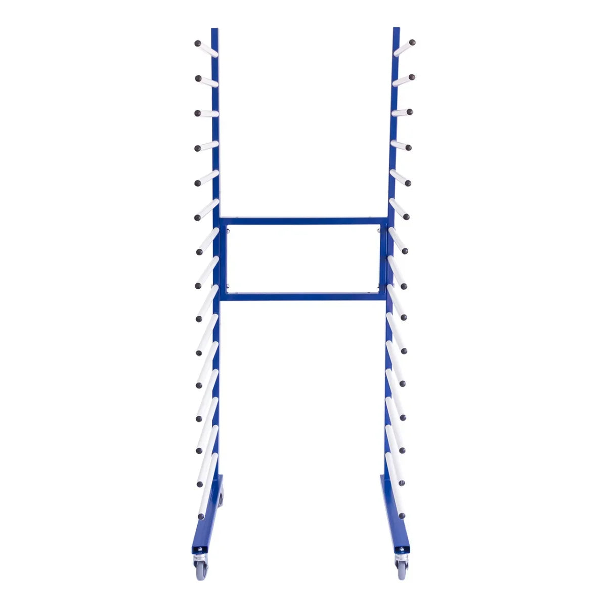 Blue Monster Racking Spray Drying Rack Trolley with multiple drying rods, sturdy metal frame, and smooth-rolling wheels for easy mobility