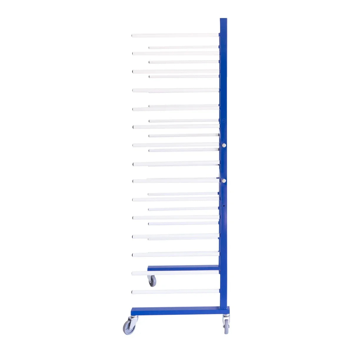 Monster Racking Spray Drying Rack Trolley in blue metal with multiple white drying rods, featuring smooth-rolling wheels for easy mobility