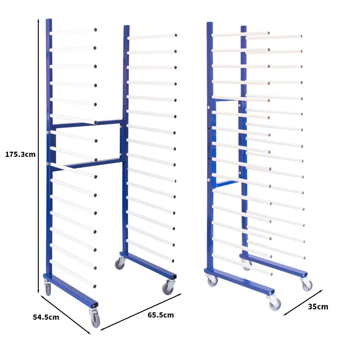 Monster Racking Spray Drying Rack Trolley features a sturdy blue metal frame with multiple white drying rods, mobile on wheels
