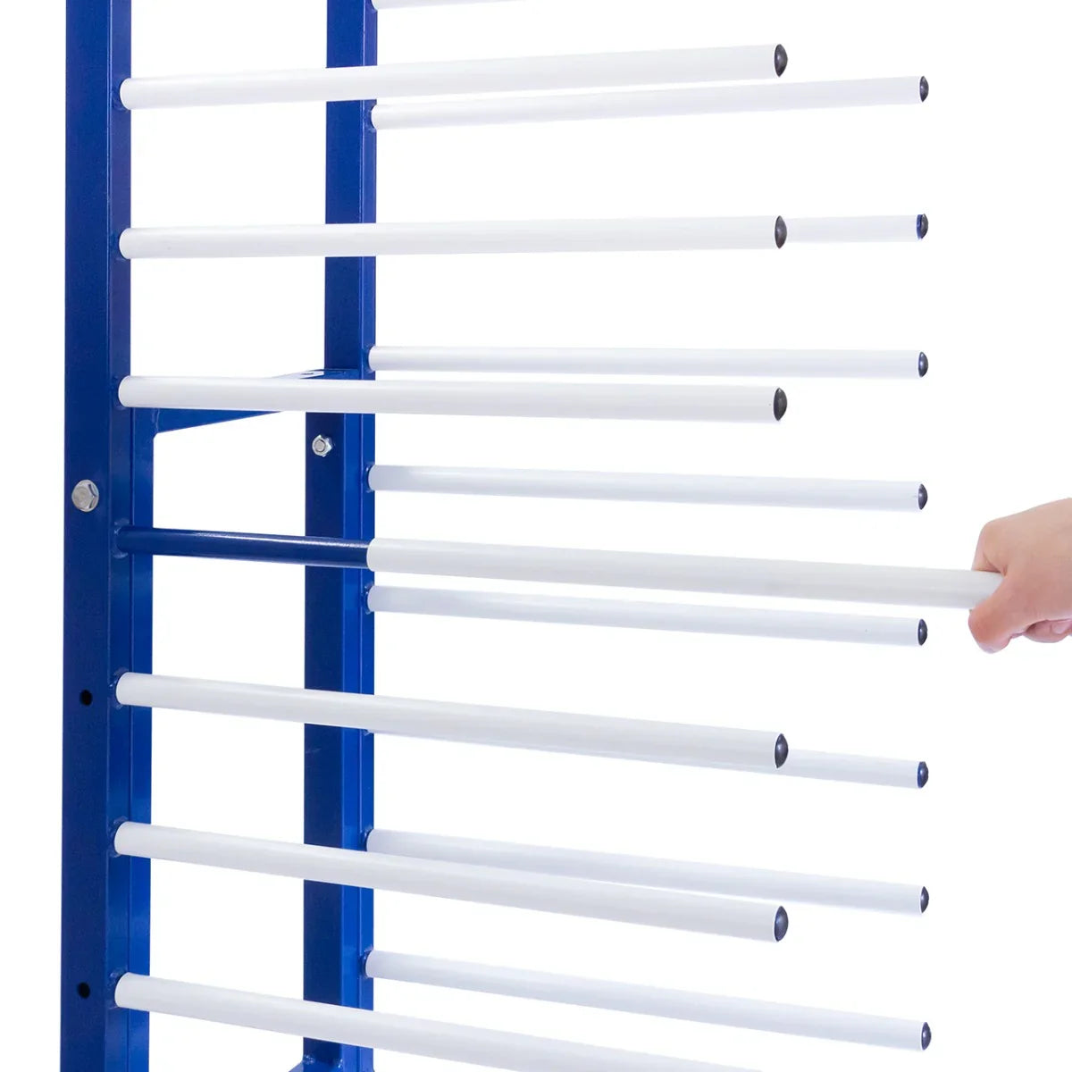 Monster Racking Spray Drying Rack Trolley with sturdy blue frame and multiple white drying rods, ideal for efficient drying and organization