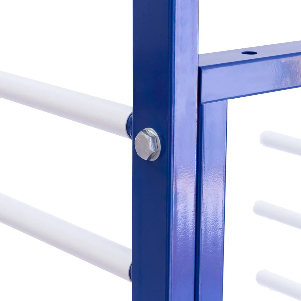 Blue metal frame of the Monster Racking Spray Drying Rack Trolley, featuring white drying rods and sturdy construction details