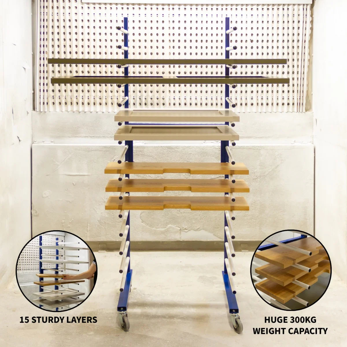 Monster Racking Spray Drying Rack Trolley with 15 sturdy wooden layers, blue metal frame, and 300kg weight capacity, ideal for drying items