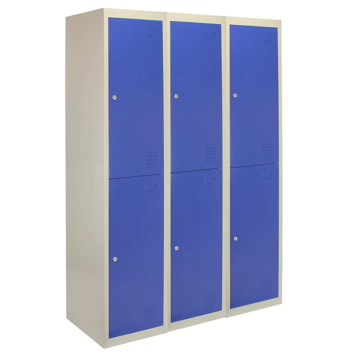 Three flatpack metal storage lockers with two blue doors each, featuring a sleek design and sturdy construction for organized storage