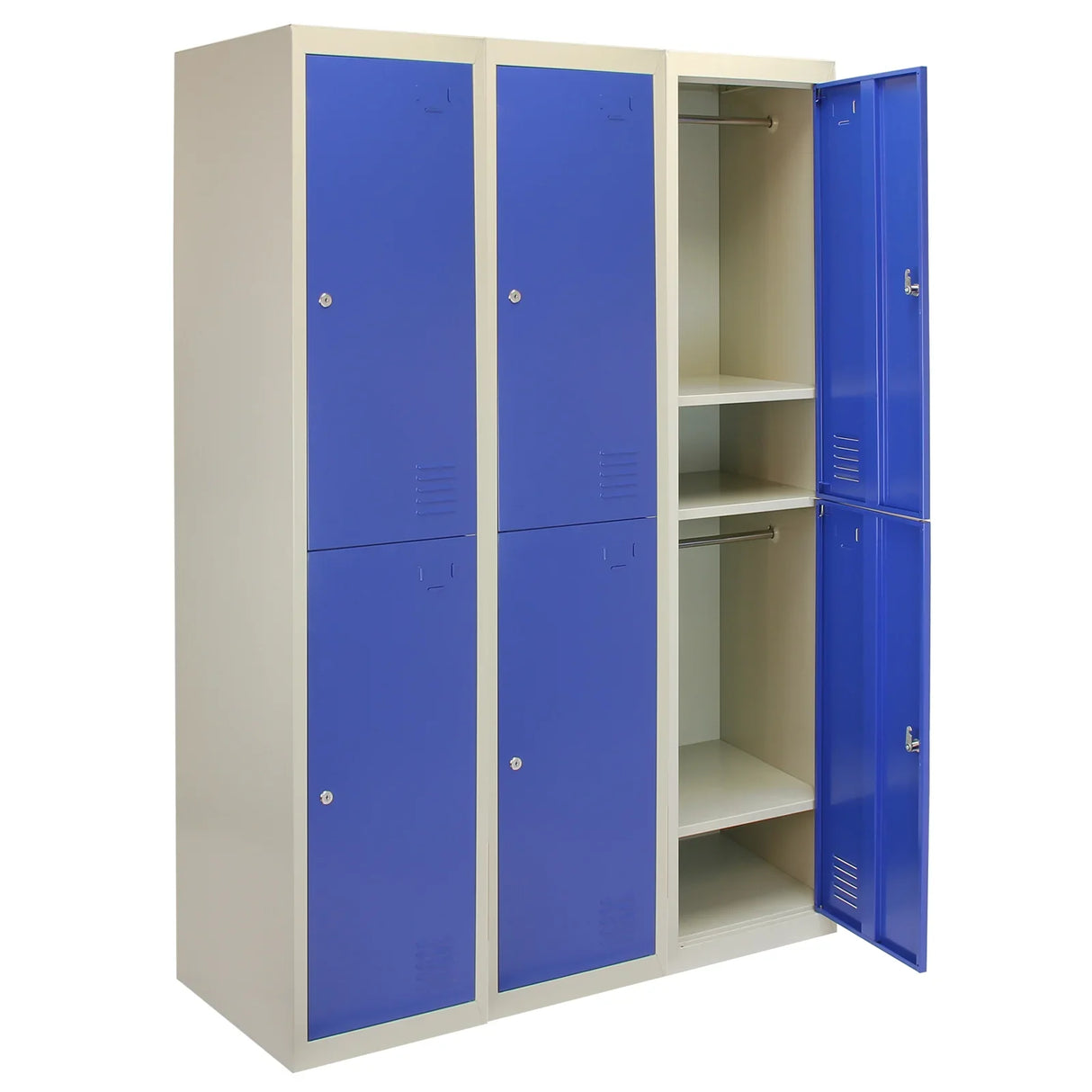 Blue metal storage lockers with two doors, featuring a flatpack design, sturdy construction, and multiple shelves for organization