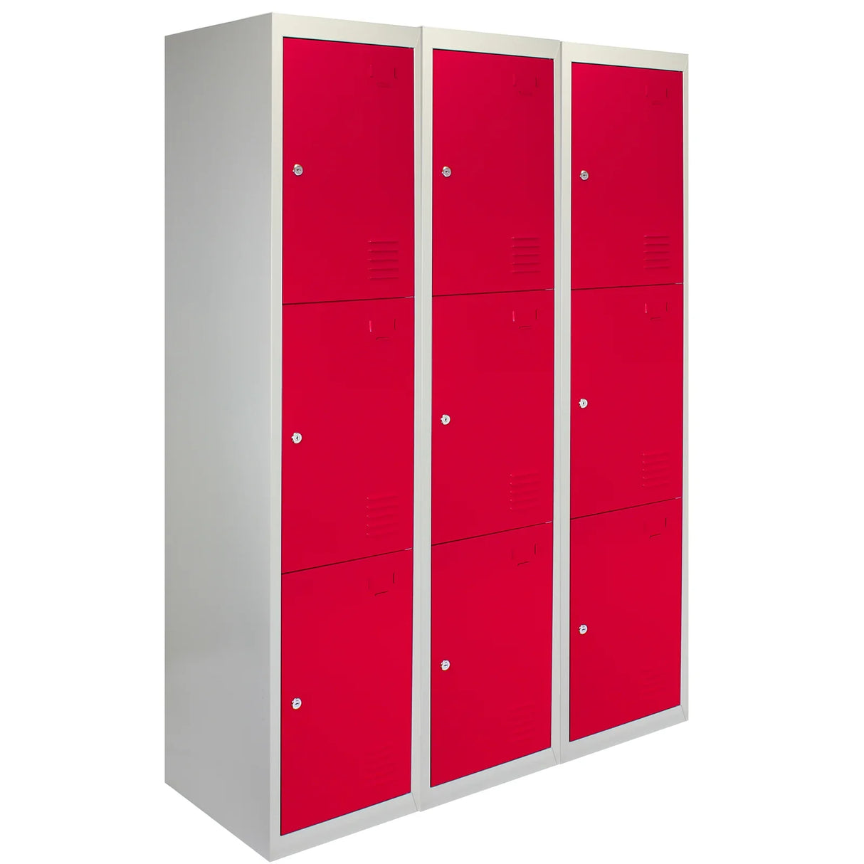 Three-door metal storage lockers in vibrant red, featuring a sleek design with a flatpack structure and smooth finish