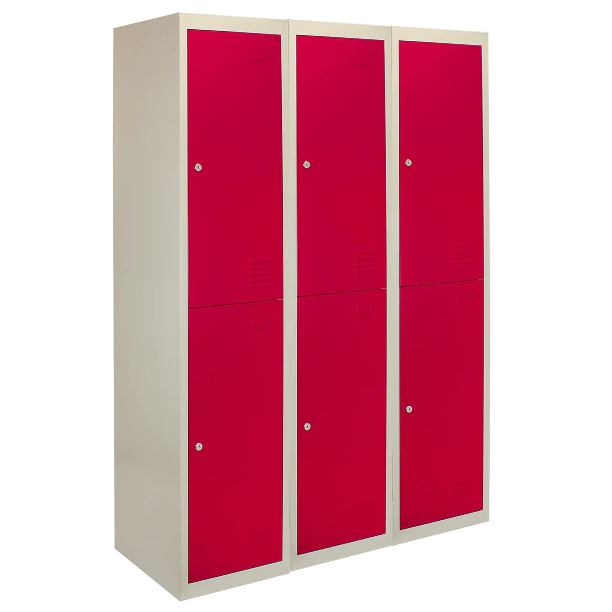 Three red metal storage lockers with two doors each, featuring a sleek design and a durable flatpack construction