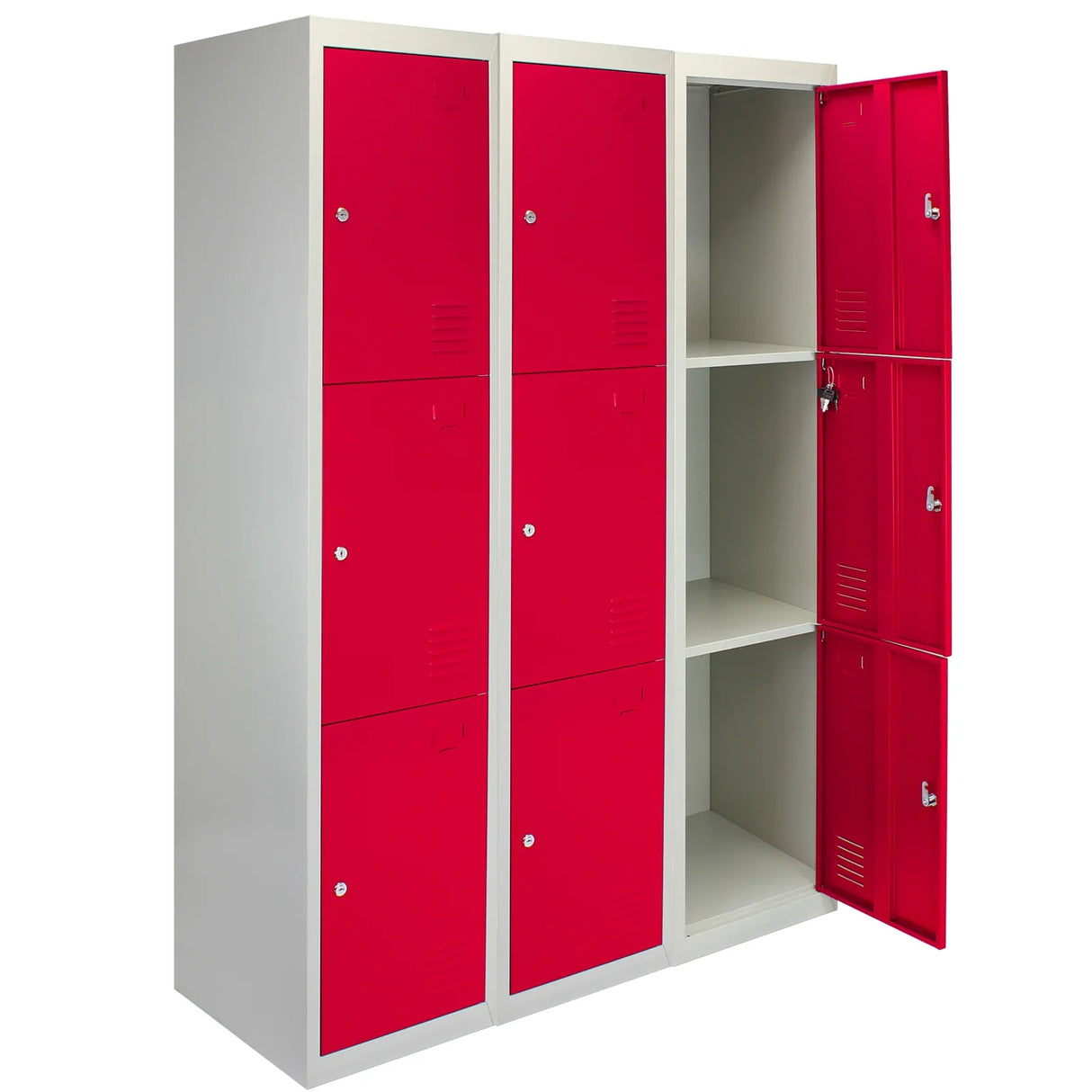 Three-door metal storage lockers in vibrant red, featuring a sleek design with a flatpack structure and a spacious interior