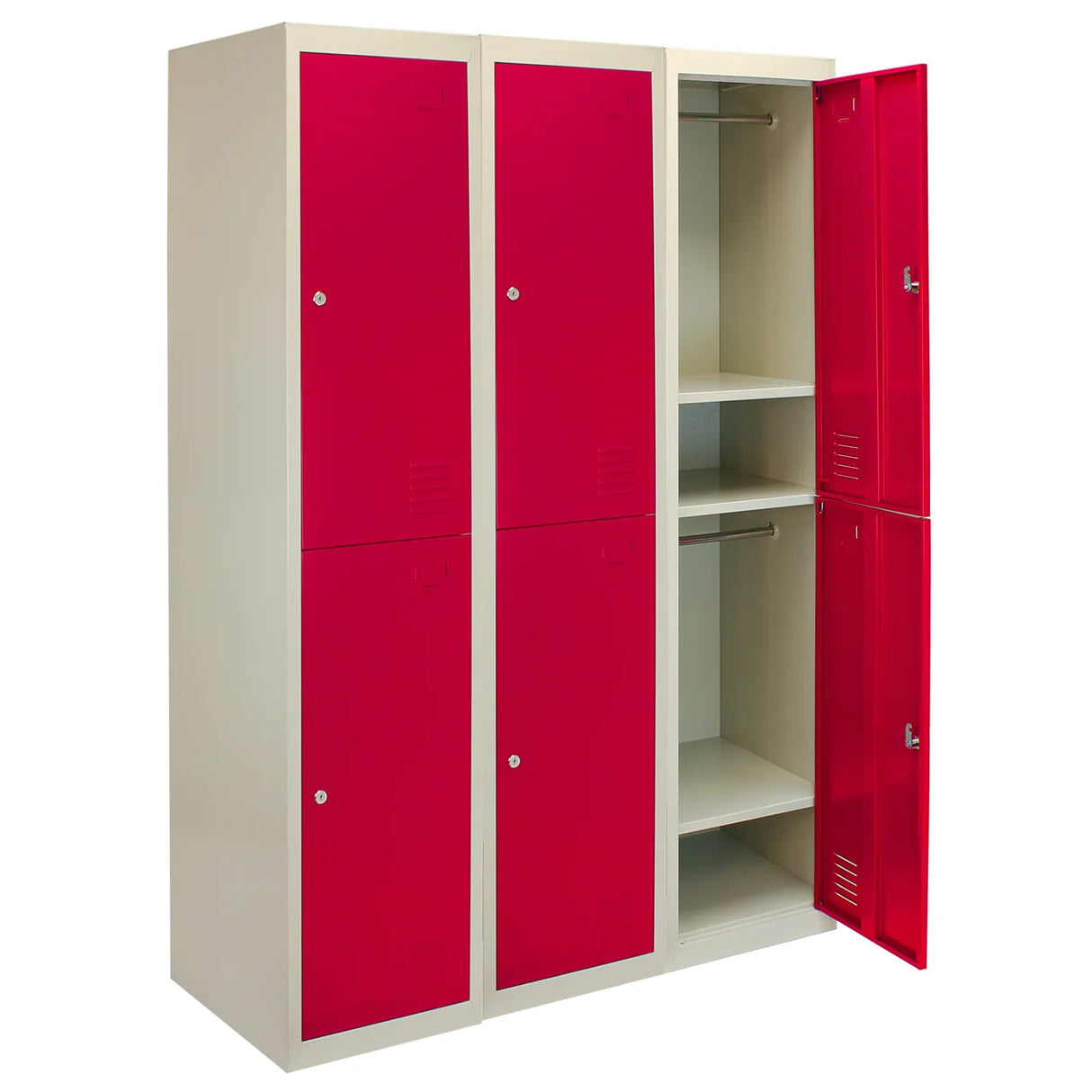 Three red metal storage lockers with two doors each, featuring a flatpack design and open shelves for versatile organization