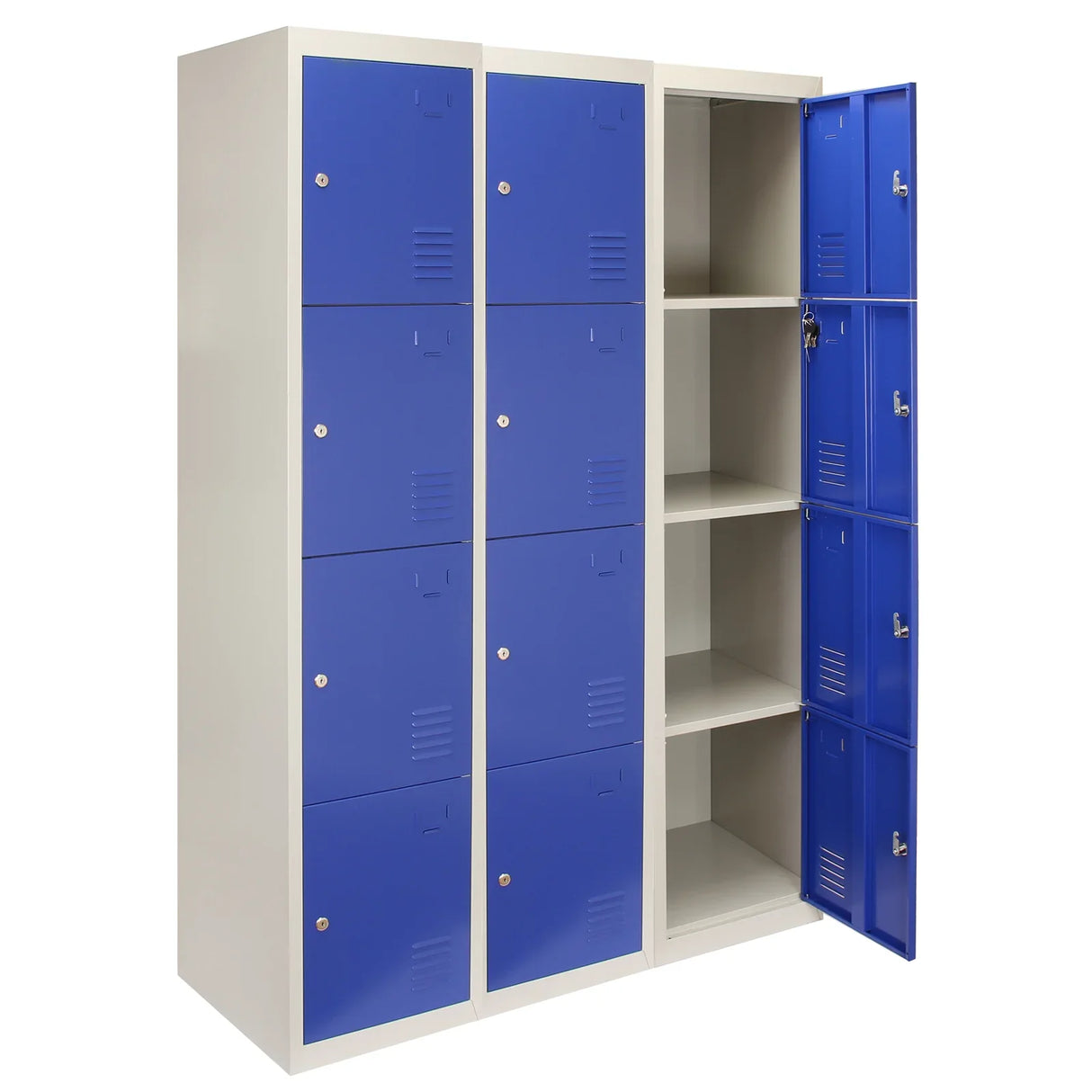 Four-door blue metal storage lockers with a sleek design, featuring a flatpack structure and visible interior shelves for organization