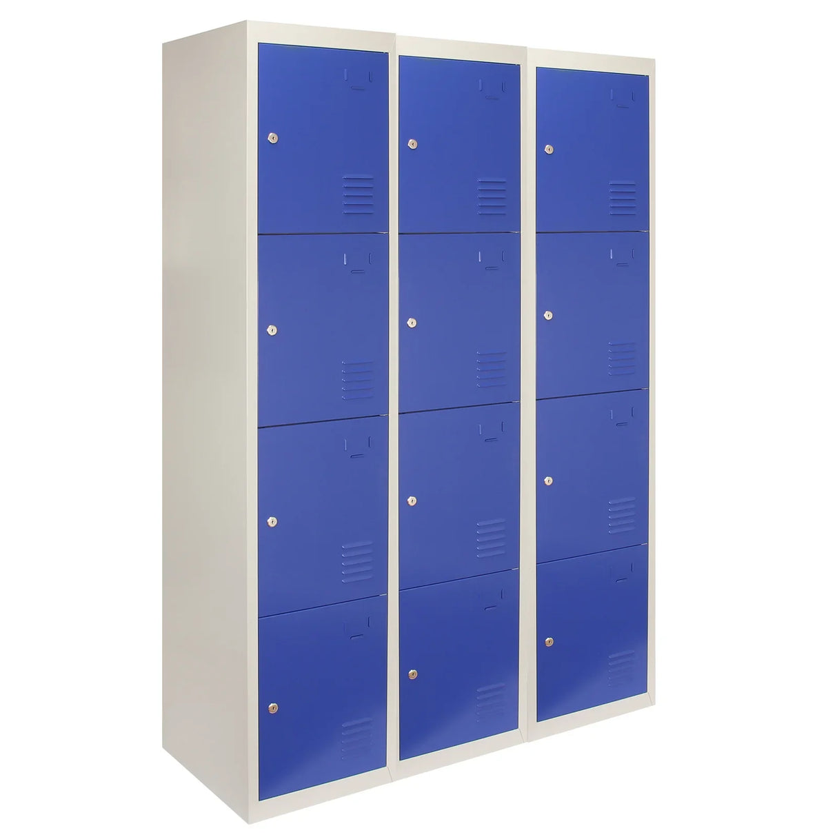 Four-door metal storage lockers in blue with a sleek design, featuring a flatpack structure and textured surface for durability