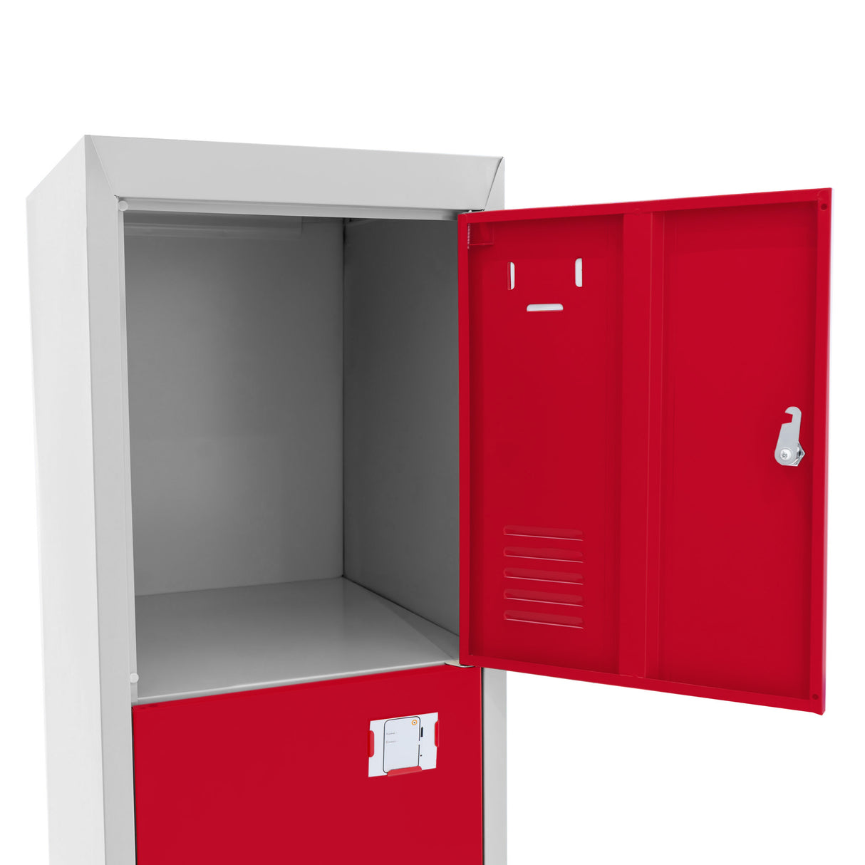 Red metal storage locker with four doors, featuring a sleek design, smooth finish, and spacious interior for organization