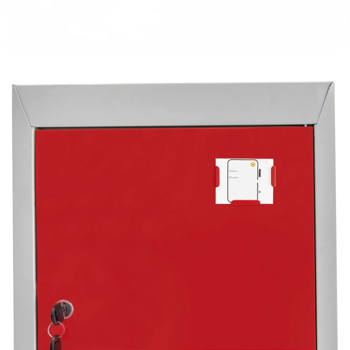 Red metal storage locker with four doors, featuring a sleek silver trim and a keyhole for secure locking, ideal for organization