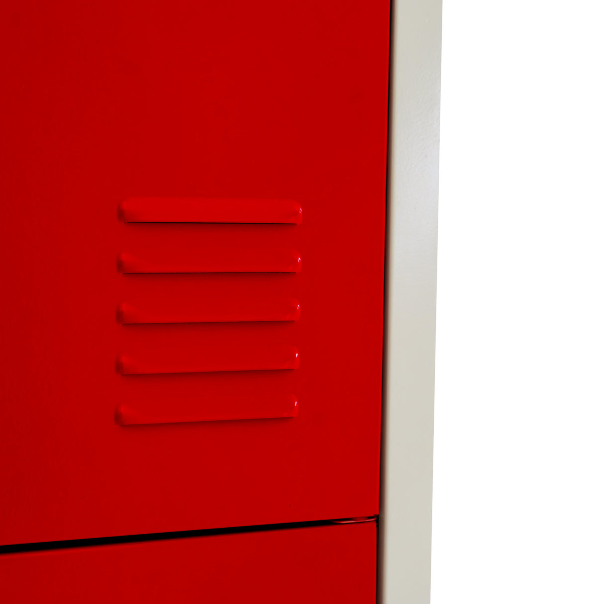 Red metal storage locker with four doors, featuring a smooth finish and ventilation slits for airflow, ideal for organizing belongings