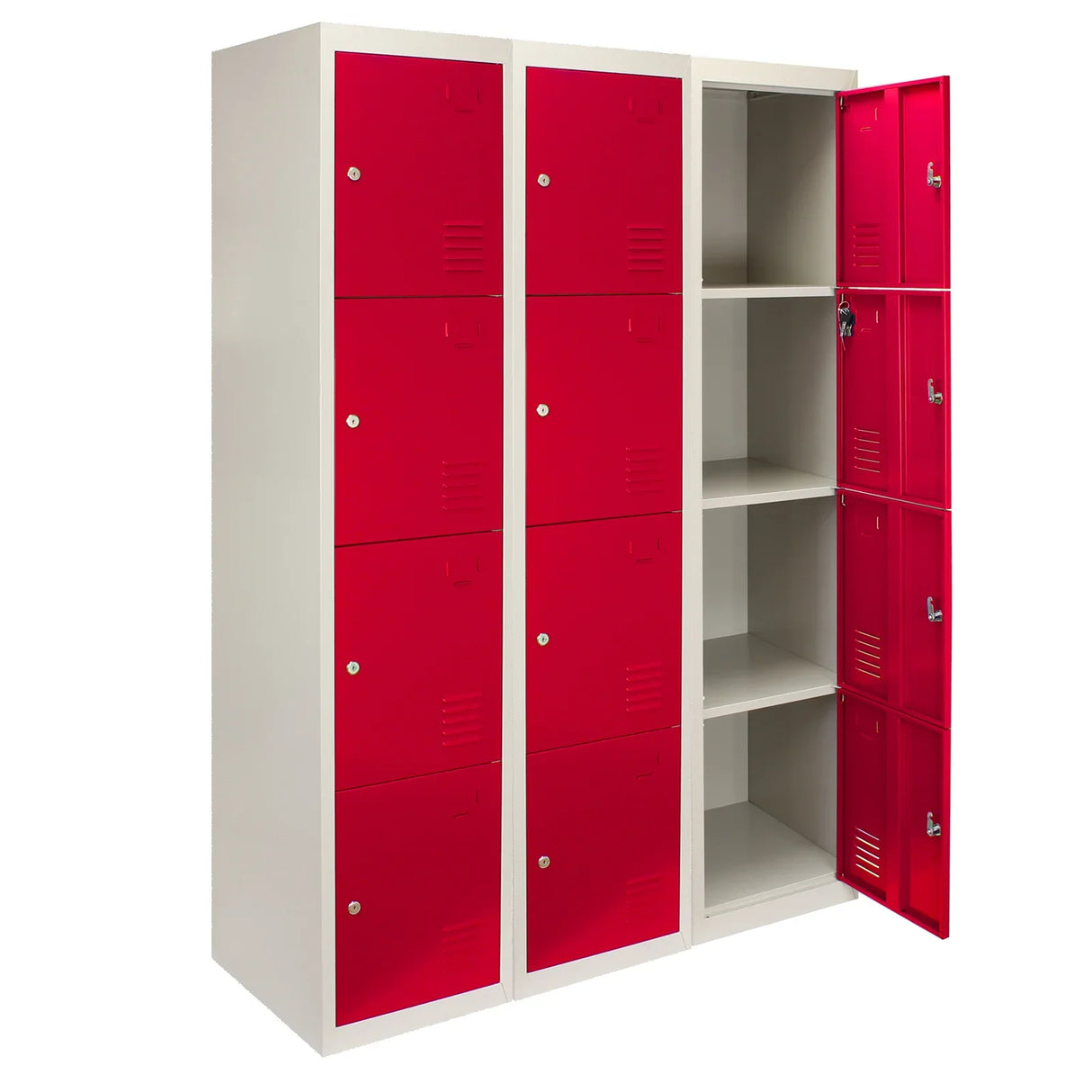 Three metal storage lockers with four red doors, featuring a sleek design, sturdy construction, and spacious interior compartments
