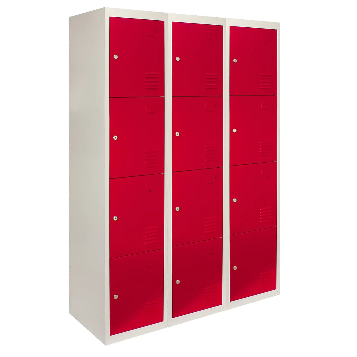 Four-door metal storage lockers in vibrant red with a sleek white frame, featuring ventilation slots and secure key locks