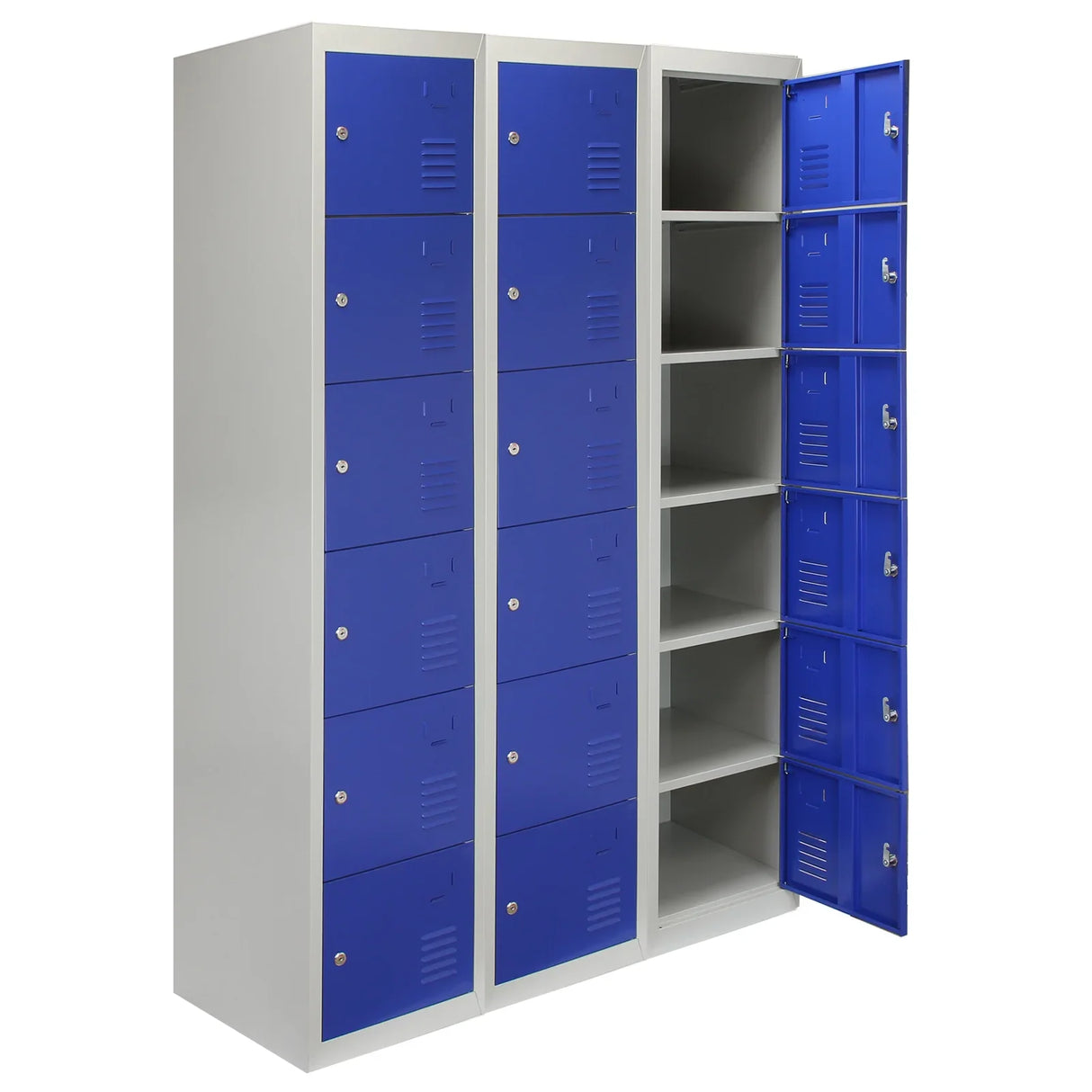 Three metal storage lockers with six blue doors, featuring a sleek design and sturdy construction, ideal for organization