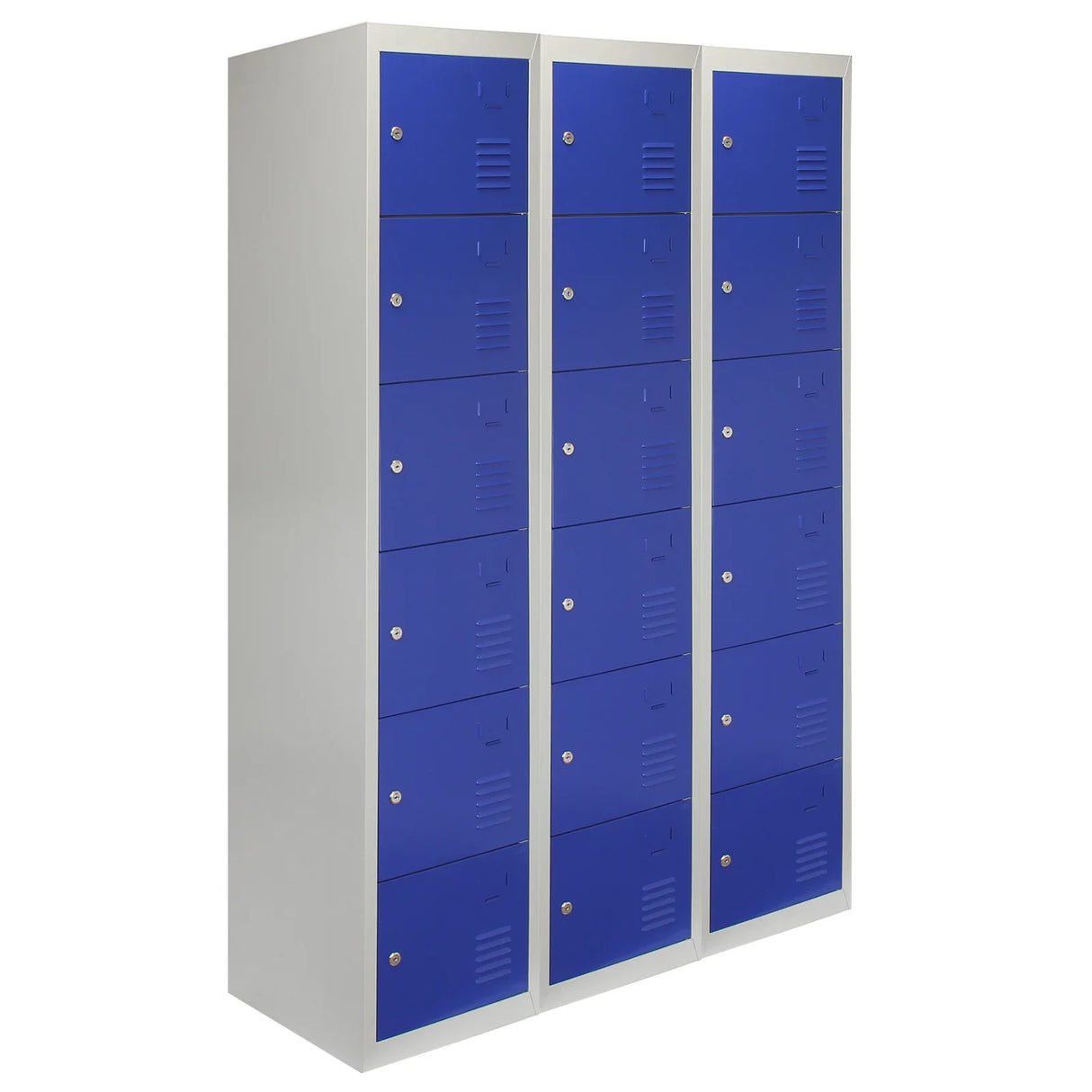 Three blue metal storage lockers with six doors, featuring a sleek design and durable finish, ideal for organizing personal items