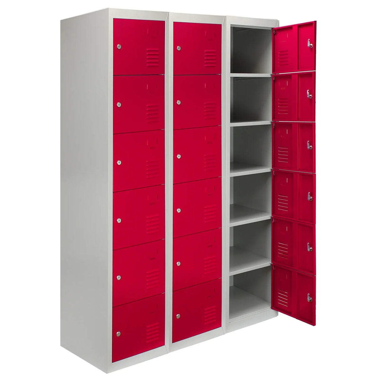 Three metal storage lockers with six red doors, featuring a sleek design, durable finish, and spacious interior for organization