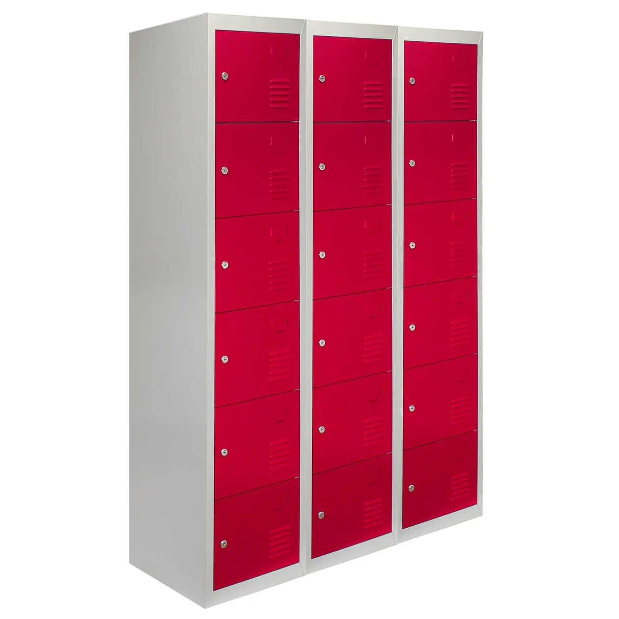 Three red metal storage lockers with six doors, featuring a sleek design and ventilation holes, ideal for organized storage solutions