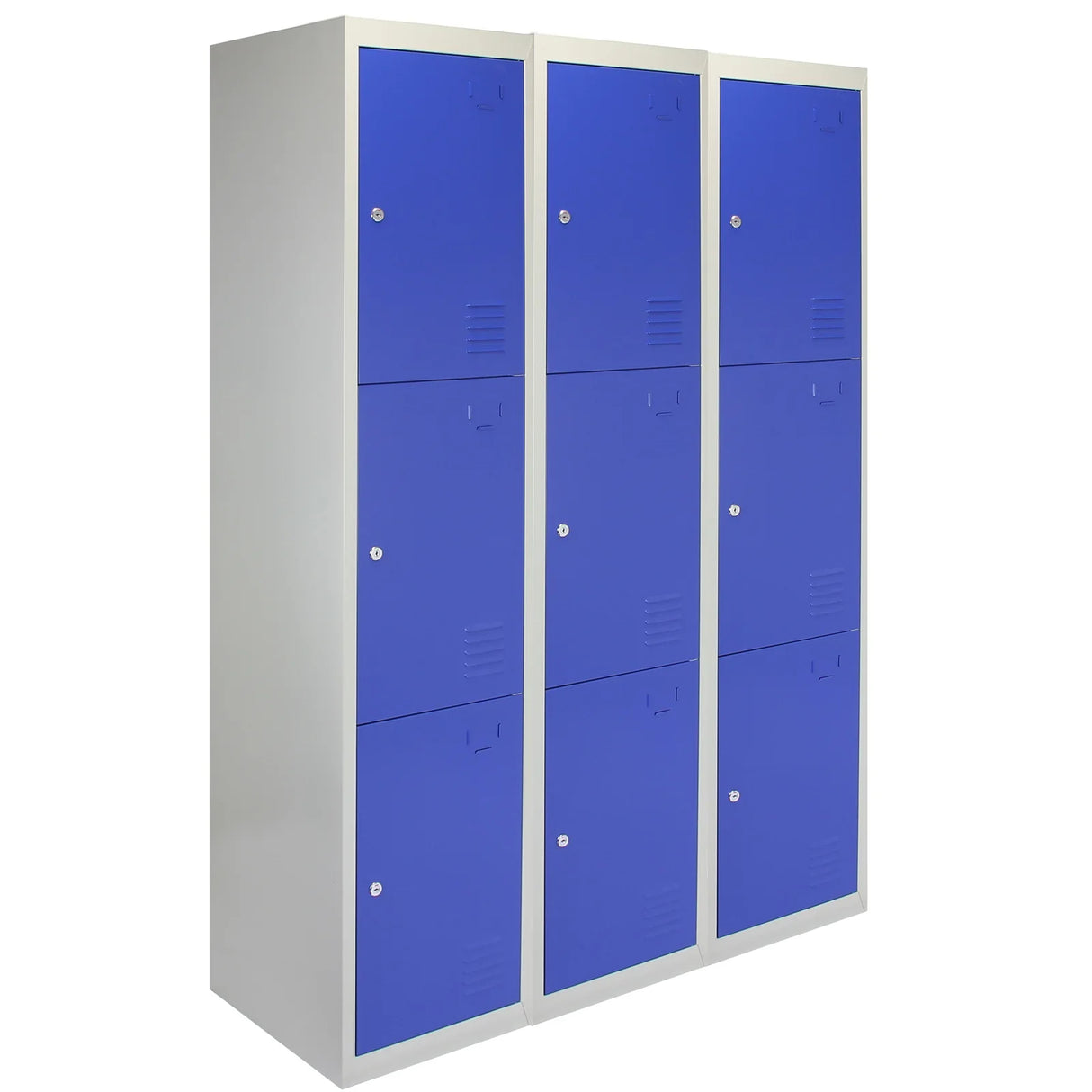 Three-door metal storage lockers in vibrant blue with a sleek silver frame, featuring ventilation slots and secure locks