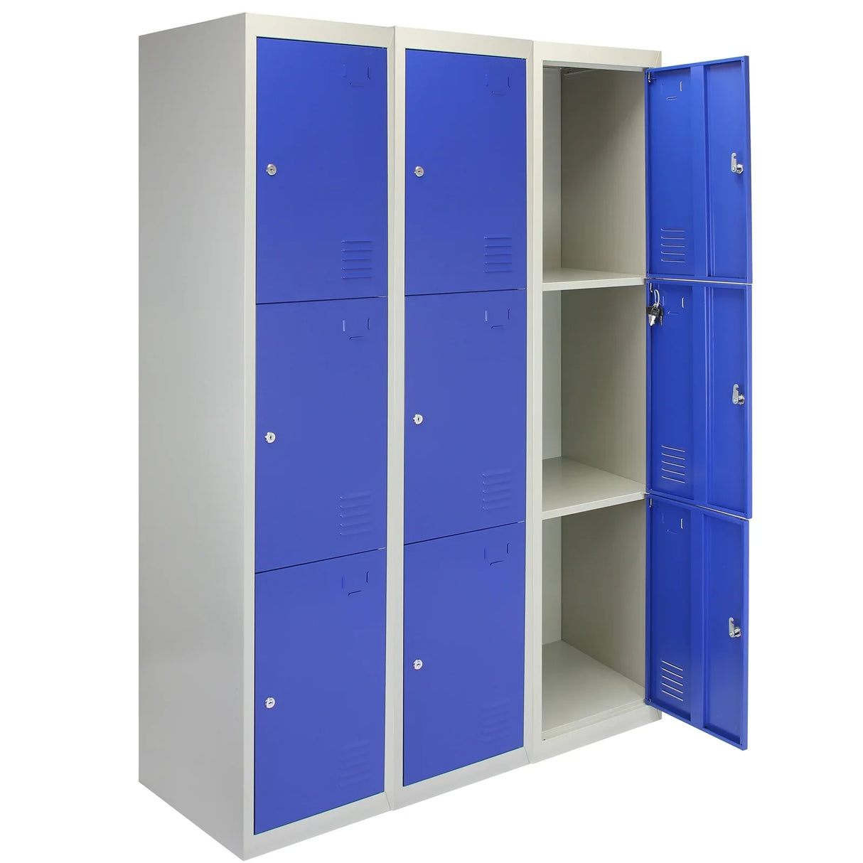 Three-door metal storage lockers in blue, featuring a flatpack design, sturdy construction, and a sleek modern finish