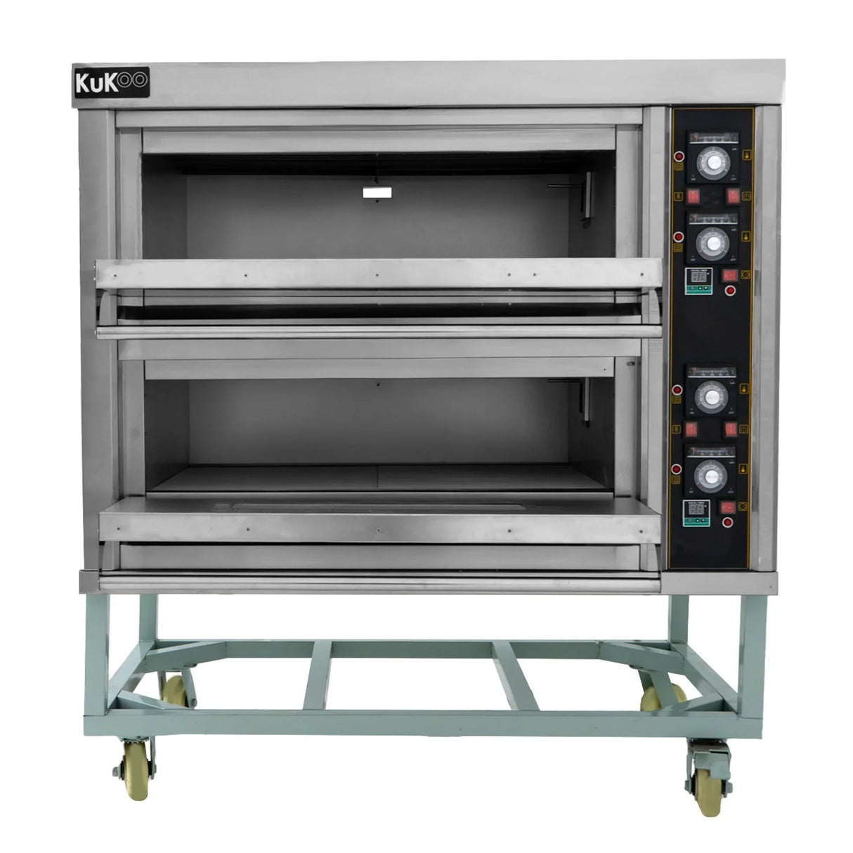 Large commercial KuKoo pizza and baking oven with stainless steel finish, double deck design, and adjustable temperature controls