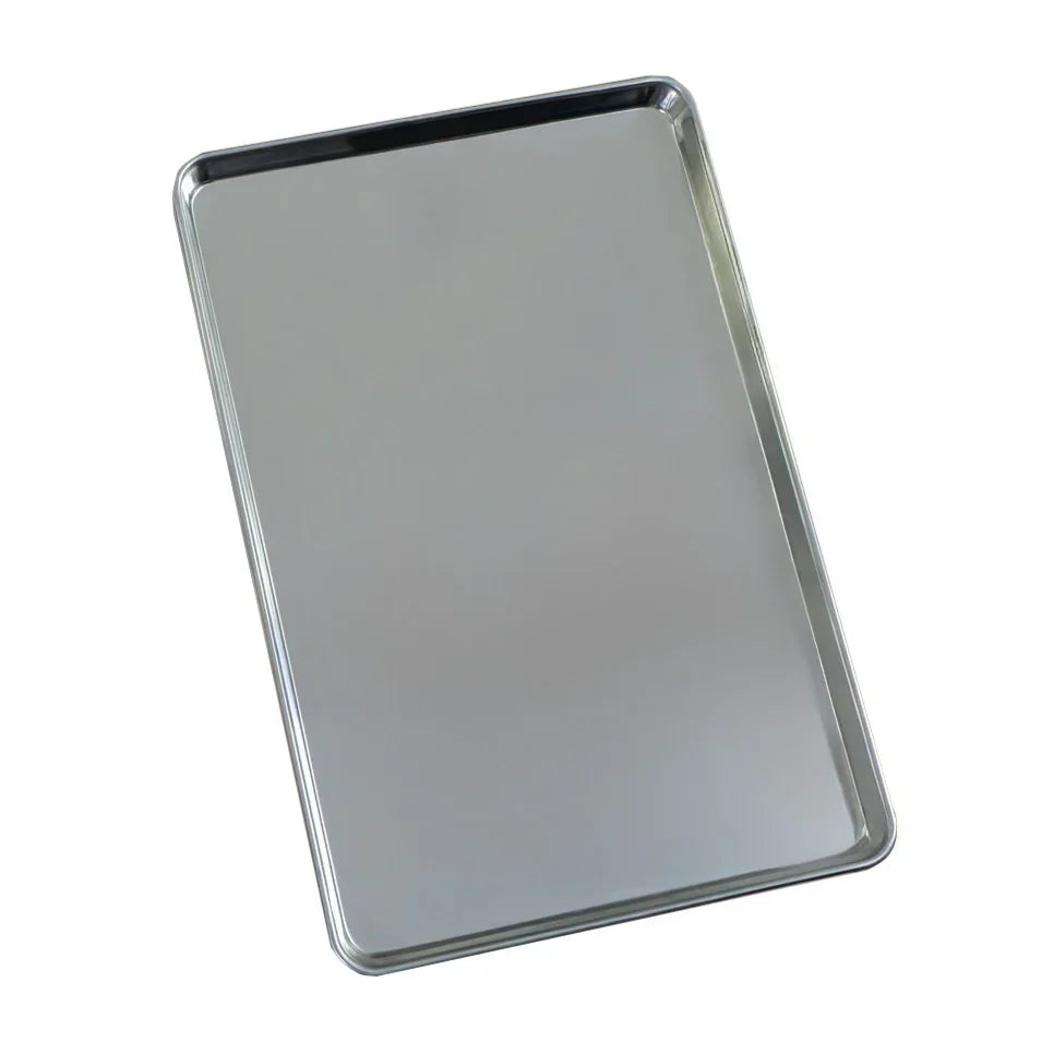 Large stainless steel baking tray with a smooth, shiny surface, ideal for use in the KuKoo commercial pizza oven