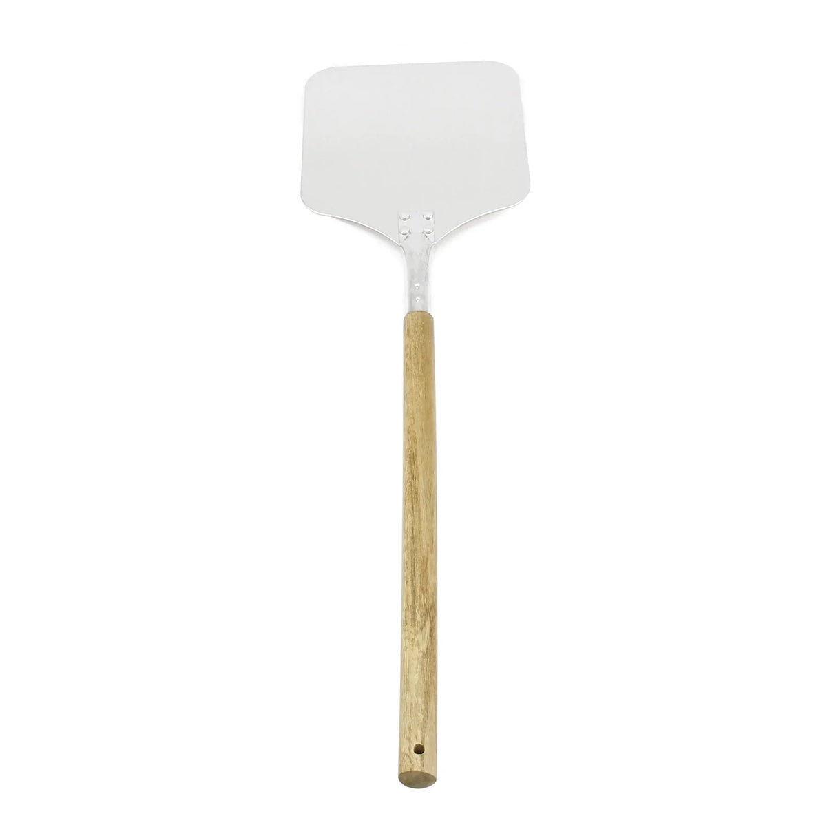 KuKoo 9” pizza peel with a stainless steel square blade and a sturdy wooden handle, ideal for transferring pizzas to and from the oven