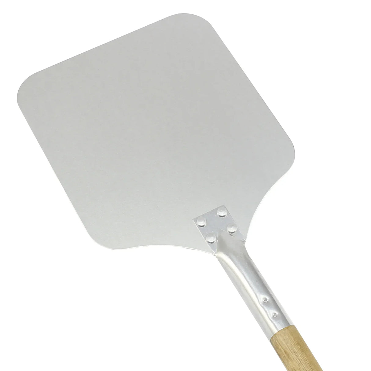 KuKoo 9” pizza peel with a sturdy aluminum blade and a smooth wooden handle, ideal for sliding pizzas in and out of ovens