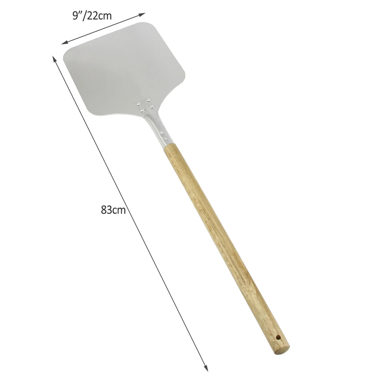 KuKoo 9” pizza peel with a sturdy wooden handle and a wide, flat aluminum surface for easy pizza transfer and serving