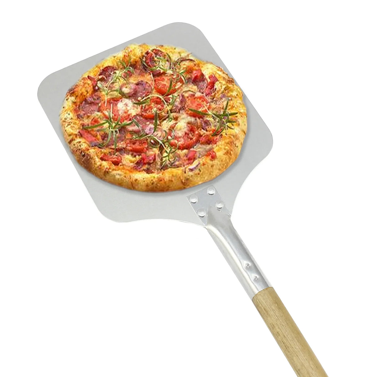 KuKoo 9” pizza peel with a stainless steel surface and wooden handle, showcasing a freshly baked pizza topped with herbs and cheese