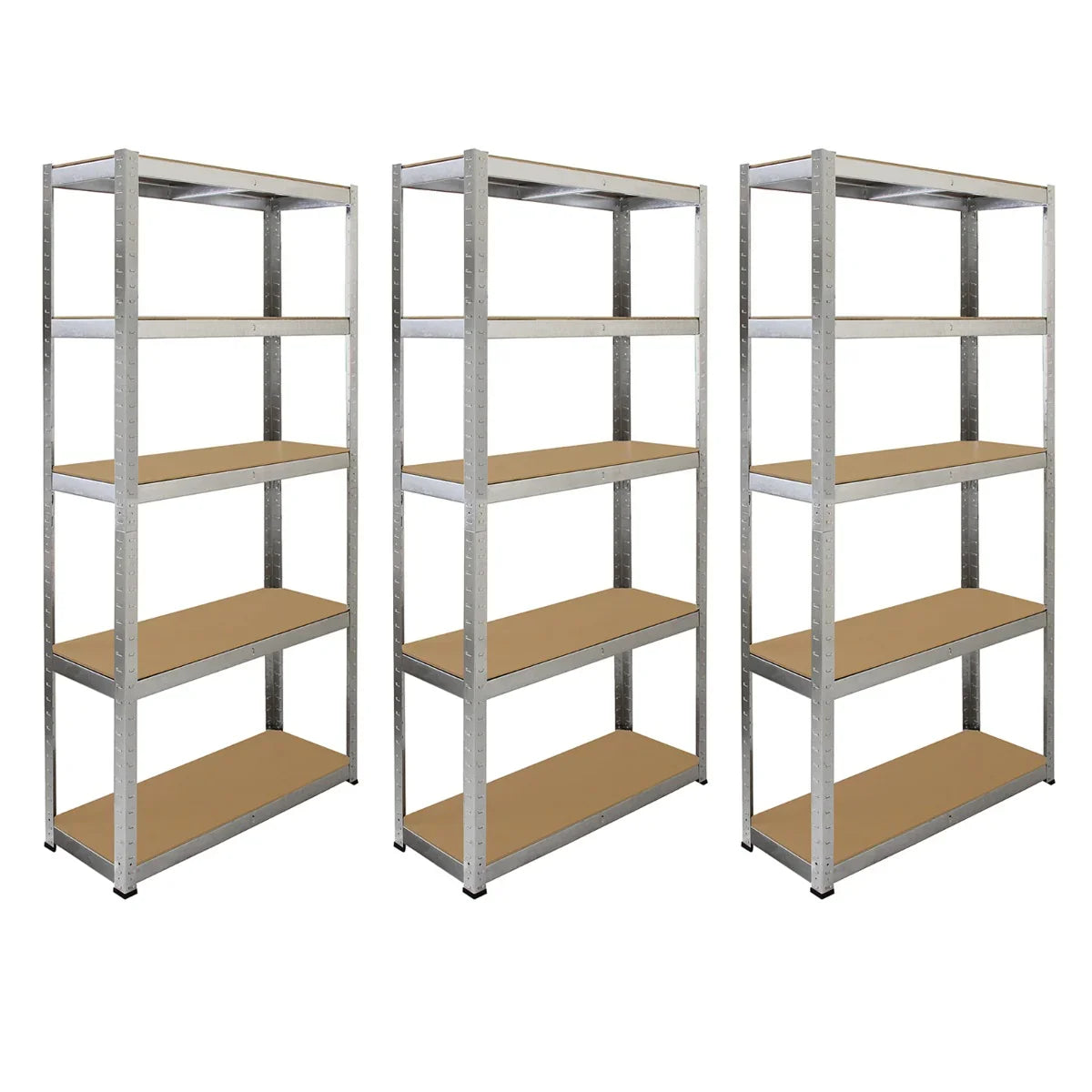 Galvanised racking set of three, each 90cm x 180cm x 30cm, featuring sturdy metal frames and wooden shelves for storage solutions