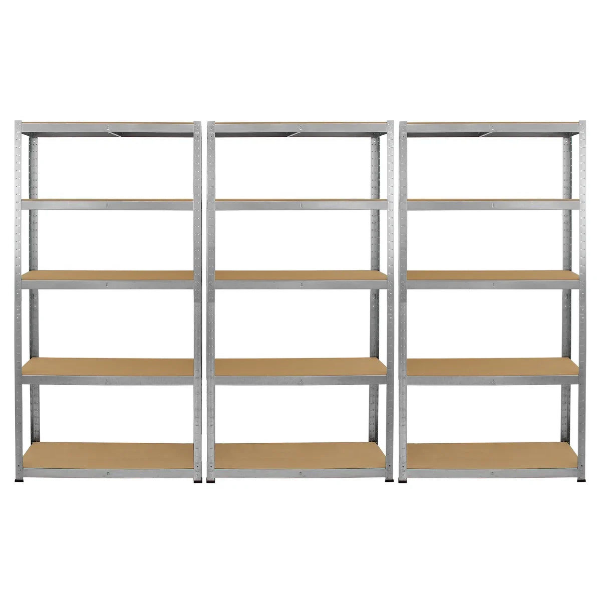 Galvanised racking system featuring six shelves, measuring 90cm x 180cm x 30cm, with a sturdy metal frame and wooden shelves