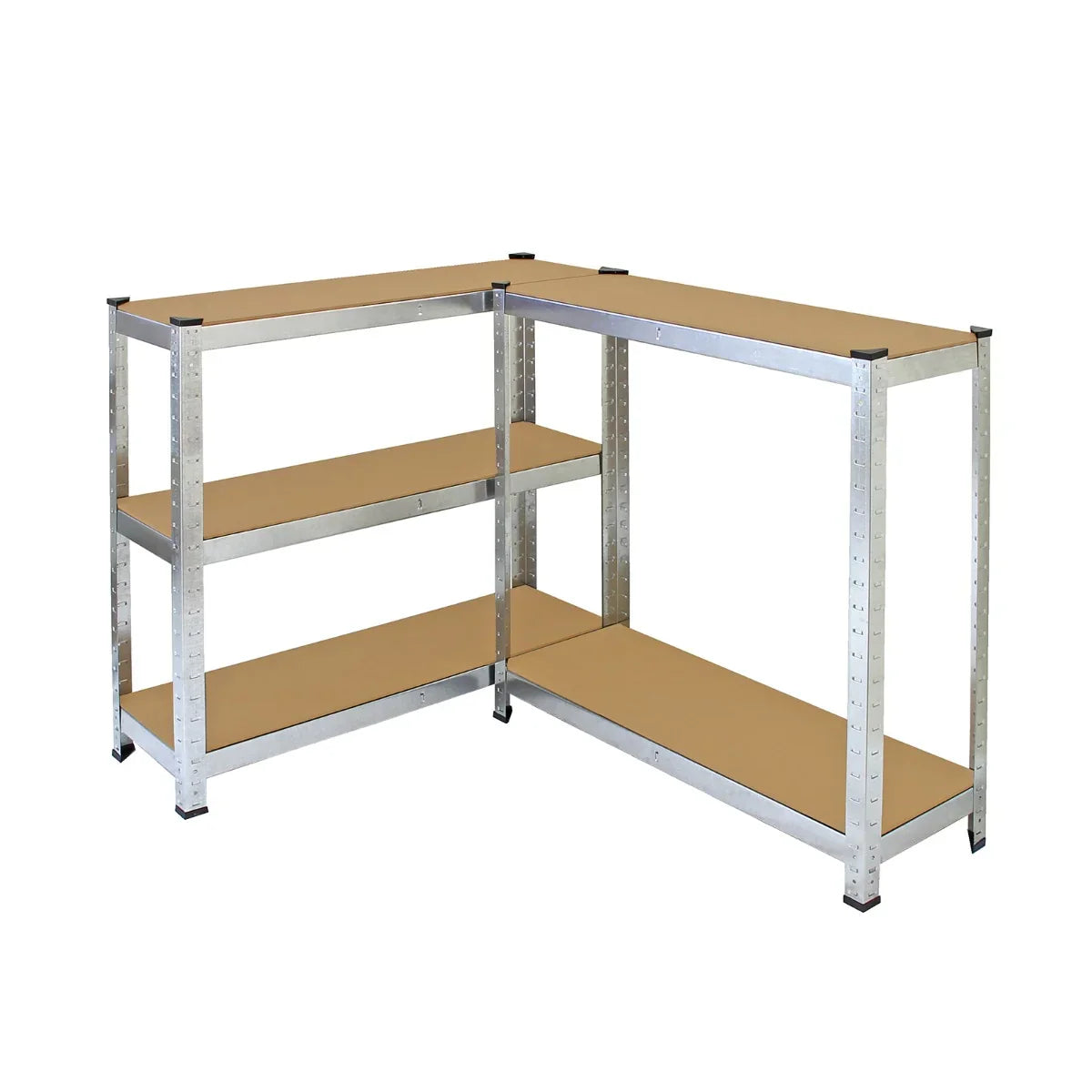 Galvanised racking unit with a sturdy metal frame, featuring three spacious shelves and a smooth, light brown surface for storage